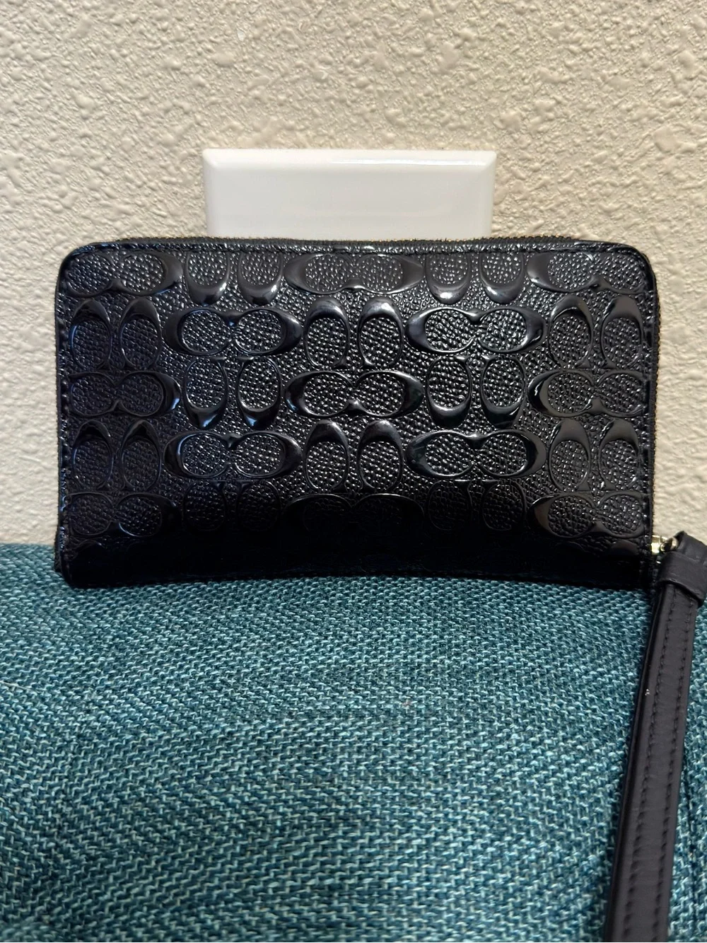 Coach Black Patent Signature Wristlet with Gold Logo